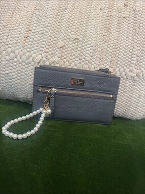 kate spade Slate gray  Pebble Leather Wristlet with Pearl Strap